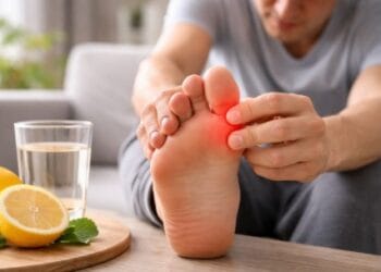 Seseorang sedang memijat jempol kaki yang nyeri sebagai gejala asam urat setelah lebaran 2026