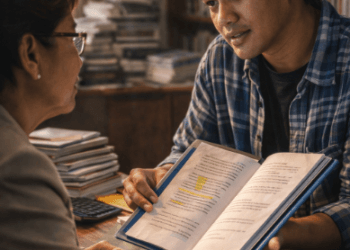 Infografis trik komunikasi etis dosen yang menampilkan mahasiswa meluluhkan hati penguji tugas akhir.