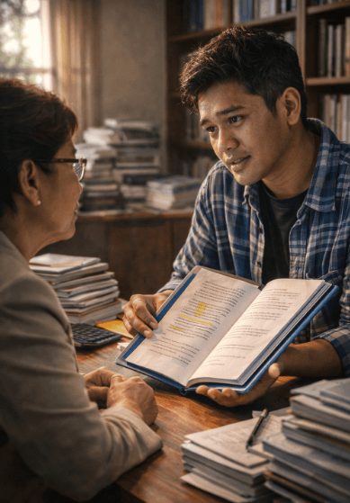 Infografis trik komunikasi etis dosen yang menampilkan mahasiswa meluluhkan hati penguji tugas akhir.