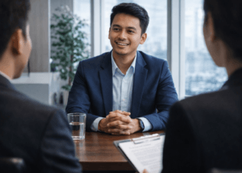 Infografis trik lalui sesi tanya jawab perusahaan yang menampilkan pemuda menerapkan jurus hadapi interview kerja pertama.