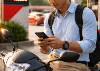 Infografis trik kelola isu bahan bakar minyak yang menampilkan pemuda menerapkan jurus hadapi kabar harga BBM.