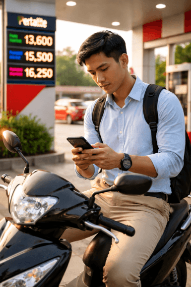 Infografis trik kelola isu bahan bakar minyak yang menampilkan pemuda menerapkan jurus hadapi kabar harga BBM.