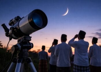 Ilustrasi metode hisab astronomi dan rukyatul hilal visual untuk lebaran 2026