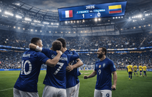 Selebrasi pemain Les Bleus merayakan kemenangan dalam Hasil Prancis vs Kolombia 2026 di laga persahabatan internasional.
