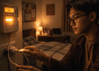 Infografis trik tekan biaya daya pondokan yang menampilkan mahasiswa menerapkan jurus hemat tagihan listrik kos.