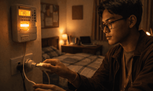 Infografis trik tekan biaya daya pondokan yang menampilkan mahasiswa menerapkan jurus hemat tagihan listrik kos.