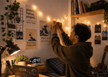 Infografis trik tata bilik pondokan kecil yang menampilkan mahasiswa menerapkan jurus hias kamar kos sempit.