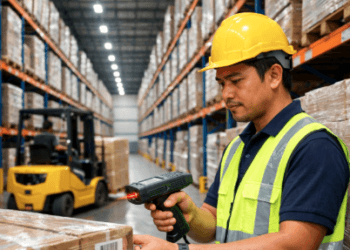 Aktivitas operasional staf gudang yang sedang melakukan pengecekan barang dalam Loker Logistik Medan 2026.