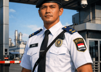 Seorang petugas keamanan sedang berjaga dengan sigap dalam program Loker Satpam Medan 2026 di pintu masuk kawasan industri.