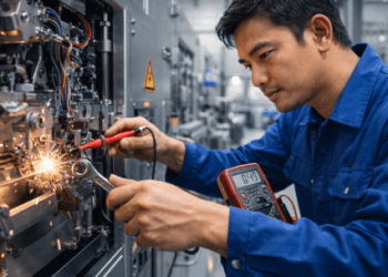 Seorang teknisi sedang melakukan perawatan rutin dalam program Loker Teknik Mesin Medan di sebuah pabrik manufaktur.