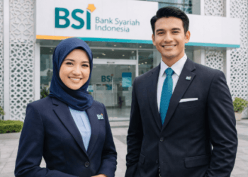 Dua profesional muda sedang mendiskusikan peluang dalam Lowongan Bank Syariah Indonesia Medan di kantor cabang.