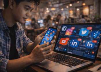 Infografis panduan pengelola jaringan sosial maya yang menampilkan mahasiswa mengurus profil bisnis daring.