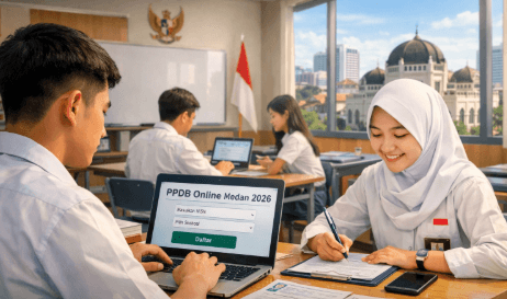 Siswa di Medan mendaftar PPDB online menggunakan laptop di kelas