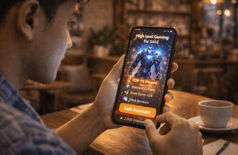 Infografis panduan dagang profil gim daring yang menampilkan mahasiswa meraup rupiah lewat gawai pintar.