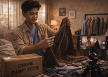 Infografis panduan dagang baju bekas pantas yang menampilkan mahasiswa meraup rupiah lewat bisnis busana lawas.