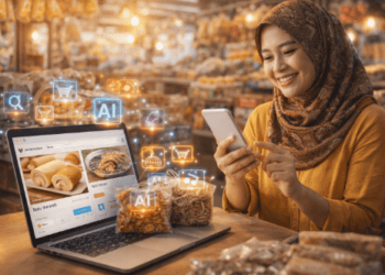 Infografis strategi jualan online di marketplace 2026 menggunakan kecerdasan buatan untuk optimasi toko dan promosi produk UMKM.