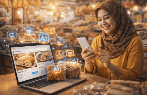 Infografis strategi jualan online di marketplace 2026 menggunakan kecerdasan buatan untuk optimasi toko dan promosi produk UMKM.
