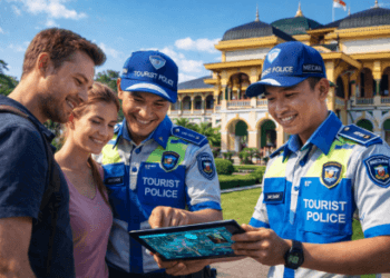 Petugas polisi pariwisata memberikan arahan dalam sistem Keamanan Wisata Medan 2026.