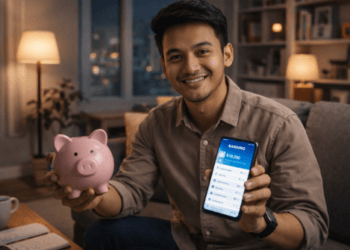 Infografis trik atur upah awal kerja yang menampilkan pemuda menerapkan jurus kelola gaji pertama pemuda.