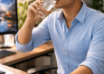 Infografis trik jaga hidrasi tubuh yang menampilkan pemuda menerapkan jurus kelola konsumsi air putih.