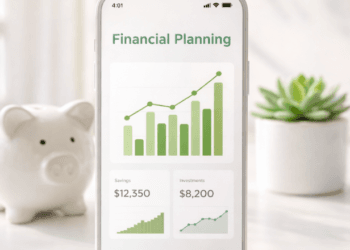 Ilustrasi aplikasi pengelola keuangan pada ponsel pintar untuk mendukung kesehatan finansial digital harian yang lebih baik.