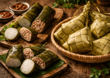 Berbagai pilihan Lontong dan Ketupat Organik sebagai sumber karbohidrat sehat pendamping sate jamur di tahun 2026.