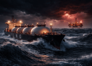 Gambaran situasi Krisis Energi Global 2026 saat kapal tanker gas tertahan akibat terjangan Siklon Narelle di perairan Australia.