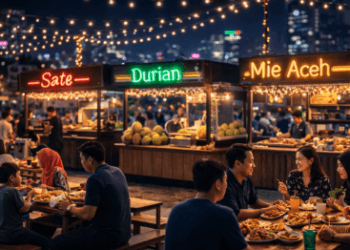Suasana malam yang meriah di pusat Destinasi Kuliner Halal Medan 2026.