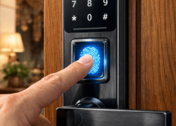 Infografis review kunci pintu digital murah yang menampilkan proses membuka gembok cerdas memakai sensor sidik jari.