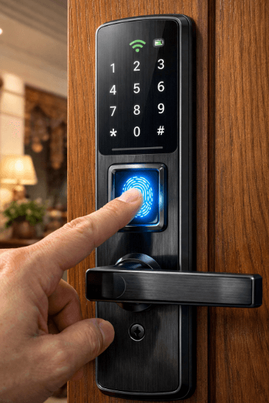 Infografis review kunci pintu digital murah yang menampilkan proses membuka gembok cerdas memakai sensor sidik jari.