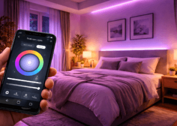 Infografis rekomendasi lampu pintar kamar tidur yang menampilkan bohlam WiFi estetik pengubah warna ruangan.