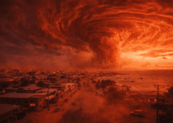 Fenomena Langit Merah Australia 2026 yang viral saat terjangan Siklon Narelle kategori empat di wilayah Australia Barat.