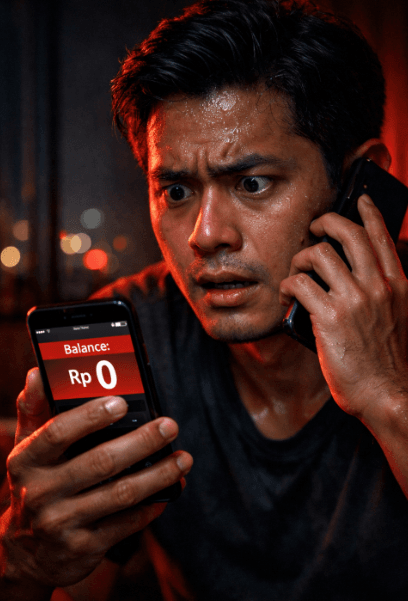 Infografis langkah darurat saldo hilang yang menunjukkan nasabah menghubungi layanan pelanggan bank.