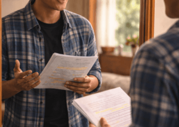 Infografis trik praktik balas cecaran penguji yang menampilkan mahasiswa melatih mental sebelum masuk ruang ujian sarjana.