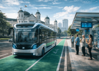 Armada bus listrik modern sebagai bagian dari Layanan Transportasi Listrik Medan 2026.