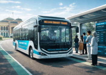 Armada bus listrik modern yang menjadi andalan dalam sistem Transportasi Listrik Medan 2026.