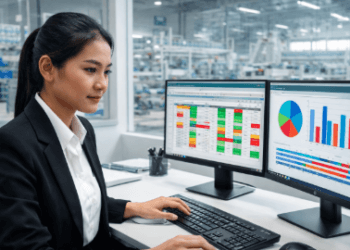 Seorang staf sedang mengelola data harian dalam program Admin Produksi Medan 2026 di kantor sebuah pabrik.