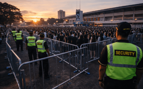 Implementasi manajemen alur penonton menggunakan barikade untuk memastikan keselamatan pengunjung konser di Medan.