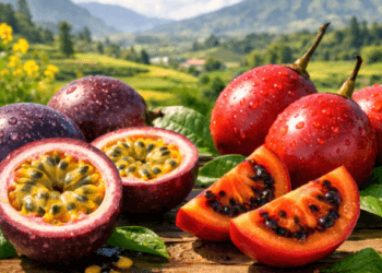 Kumpulan buah-buahan segar khas dataran tinggi Sumatera Utara yang kaya akan serat dan vitamin untuk menunjang daya tahan tubuh.