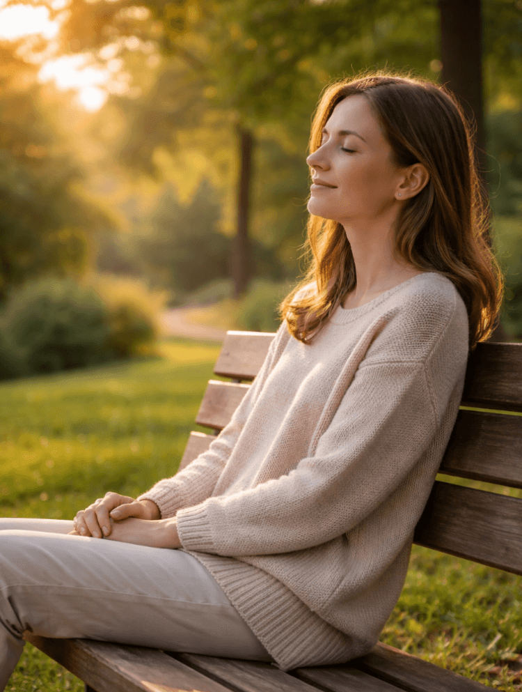 Ilustrasi seseorang yang merasakan manfaat digital detox harian dengan menikmati waktu santai di taman tanpa gangguan perangkat elektronik.