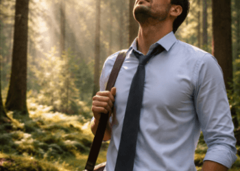 Seorang karyawan sedang melakukan meditasi jalan di tengah hutan guna mendapatkan manfaat kesehatan dari udara bersih dan ketenangan alam.