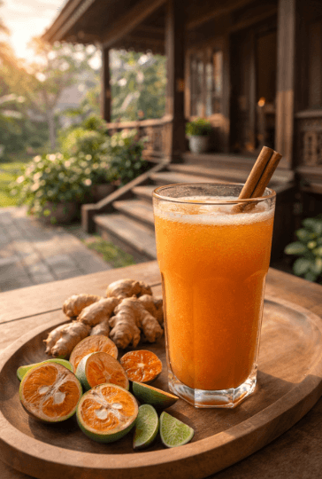 Minuman tradisional jus pinang muda dengan campuran rempah-rempah alami guna menjaga stamina dan daya tahan tubuh.