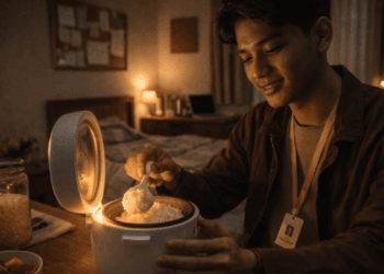 Infografis trik tanak beras pondokan mandiri yang menampilkan mahasiswa menerapkan jurus masak nasi anak kos.