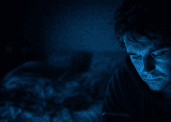 Visualisasi seseorang yang terjebak dalam kebiasaan doomscrolling pada malam hari yang memicu kecemasan dan kelelahan mental.