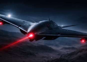 Visualisasi unit drone tempur tanpa awak yang menggunakan teknologi siluman (stealth) untuk misi pengintaian udara.