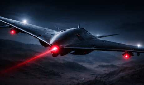 Visualisasi unit drone tempur tanpa awak yang menggunakan teknologi siluman (stealth) untuk misi pengintaian udara.