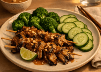 Inspirasi penyusunan Menu Makan Malam Sehat dengan kombinasi sate jamur dan sayuran hijau segar di tahun 2026.