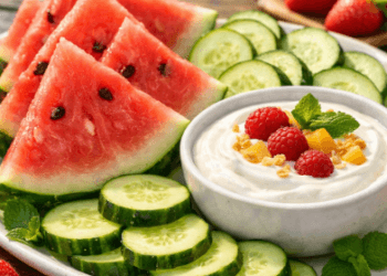 Rekomendasi menu makanan penyejuk tubuh saat cuaca panas di Medan berupa buah semangka dan salad sayur segar.