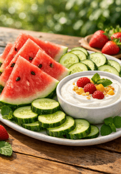 Rekomendasi menu makanan penyejuk tubuh saat cuaca panas di Medan berupa buah semangka dan salad sayur segar.