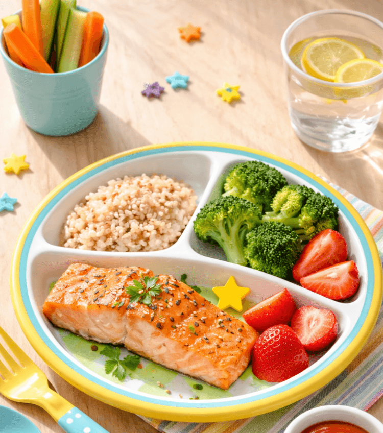 Contoh sajian menu seimbang untuk anak yang kaya akan warna dan nutrisi penting untuk menunjang aktivitas harian.